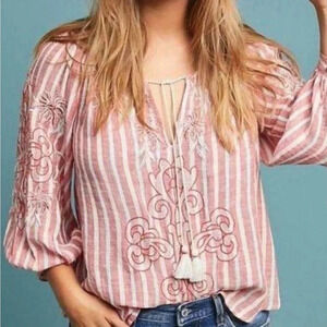 Anthropologie Pink and White Striped Embroidered Peasant Blouse